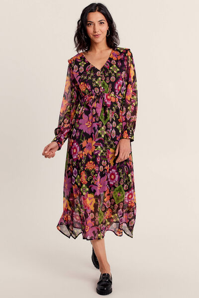 Robe longue évasée col en V noir femme