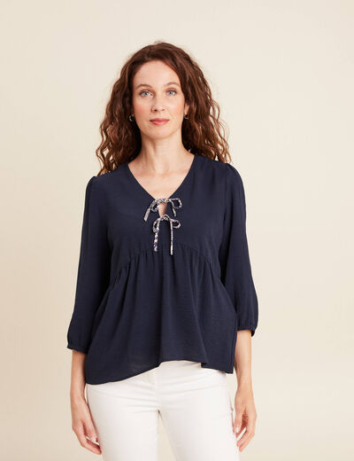 Blouse ample col tunisien manches 3/4 bleu marine femme
