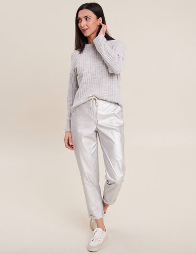 Pull manches longues côtelé gris clair femme