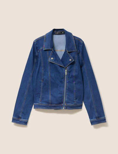 Veste ajust&eacute;e en jean col biker denim stone femme