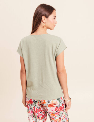 T-shirt col v manches courtes aspect lin vert clair femme