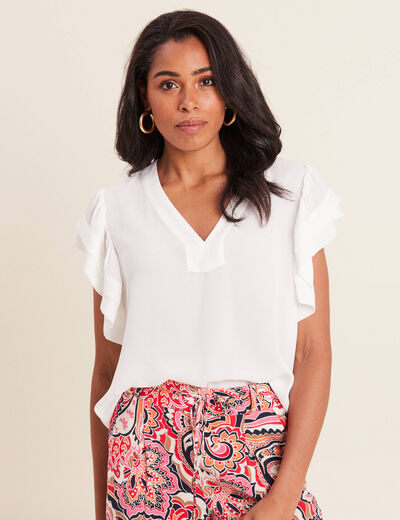 Blouse manches courtes volants ecru femme