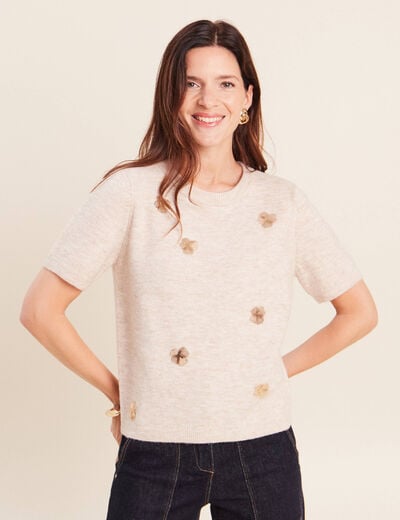 Pull manches courtes d&eacute;tails bijout&eacute;s beige femme