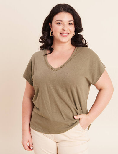 T-shirt col v manches courtes aspect lin vert kaki femme