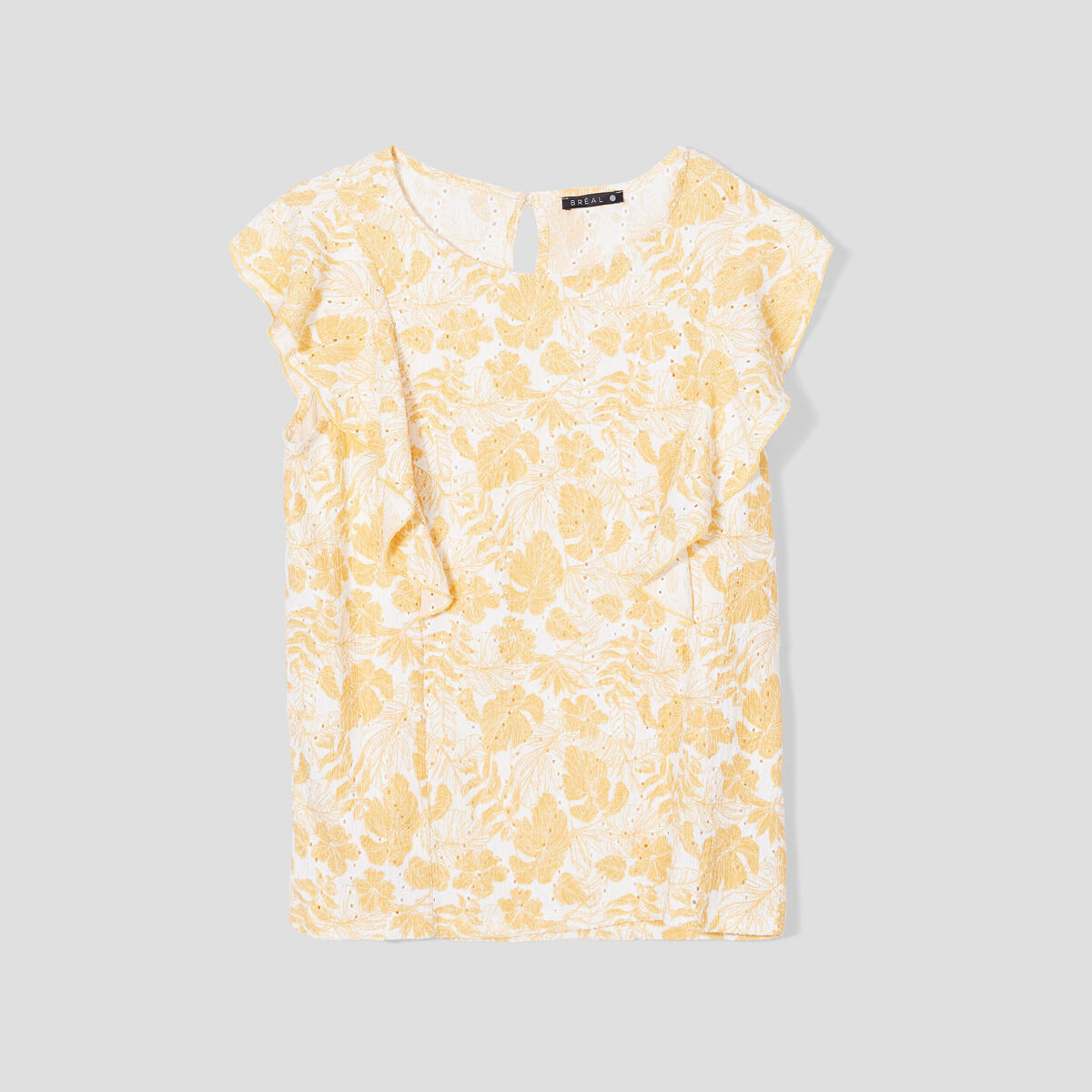T-shirt manches courtes ajour&eacute; jaune moutarde femme