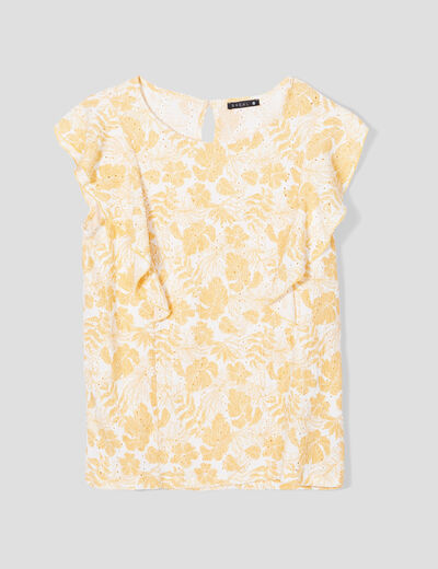 T-shirt manches courtes ajouré jaune moutarde femme