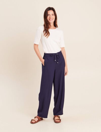 Pantalon large taille haute bleu marine femme