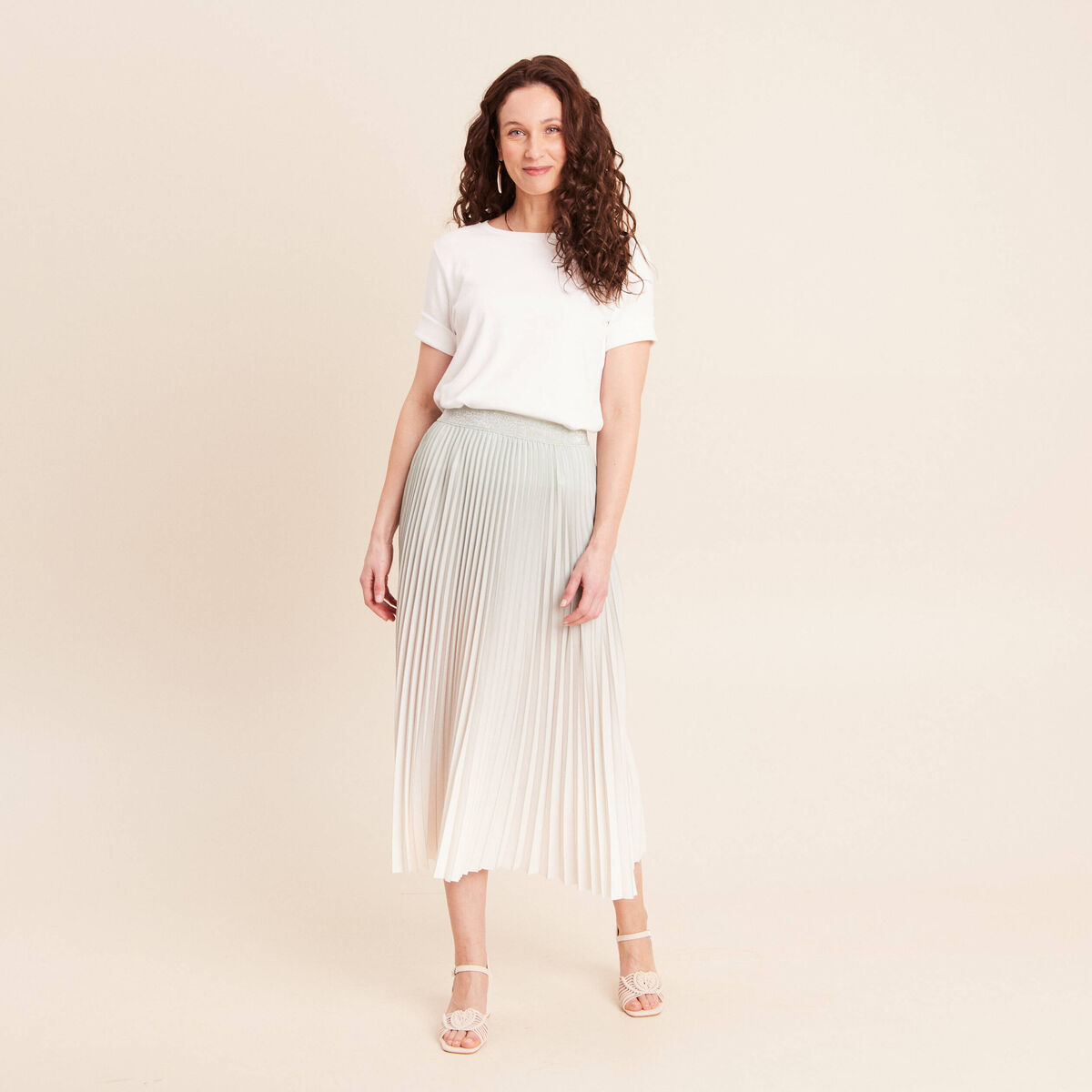 Jupe midi patineuse pliss&eacute;e vert clair femme