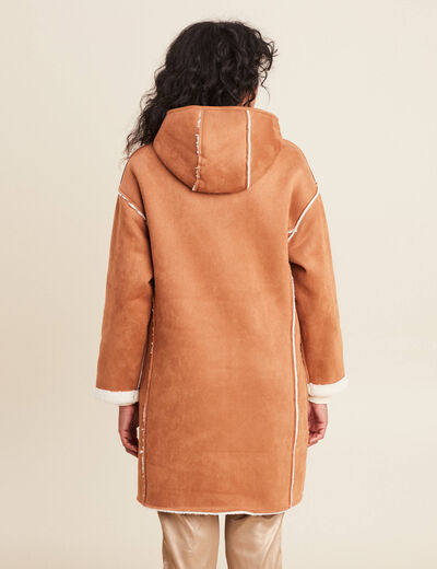 Manteau suédine à capuche marron femme