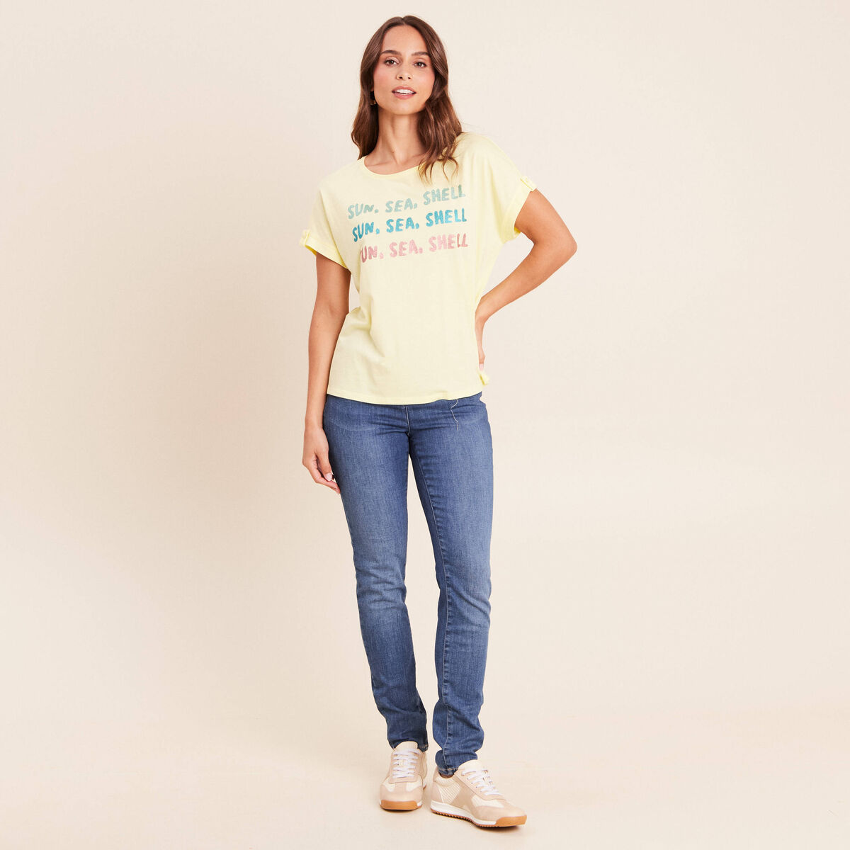 T-shirt col rond manches courtes jaune pastel femme