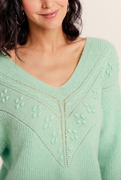 Pull manches longues col en V vert fluo femme