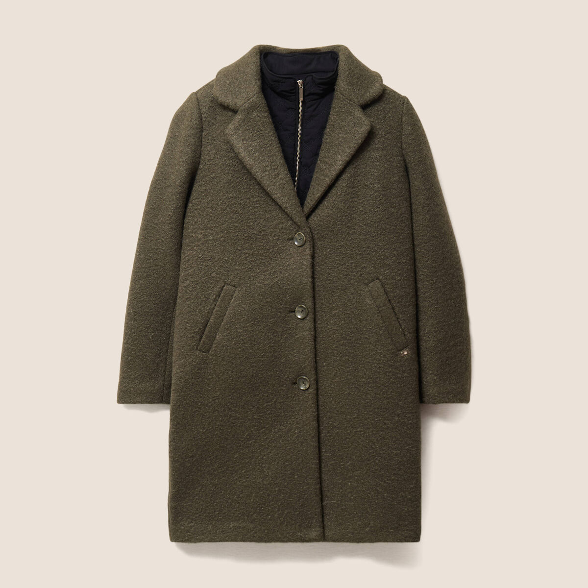 Manteau 3 en 1 col montant doubl&eacute; vert kaki femme