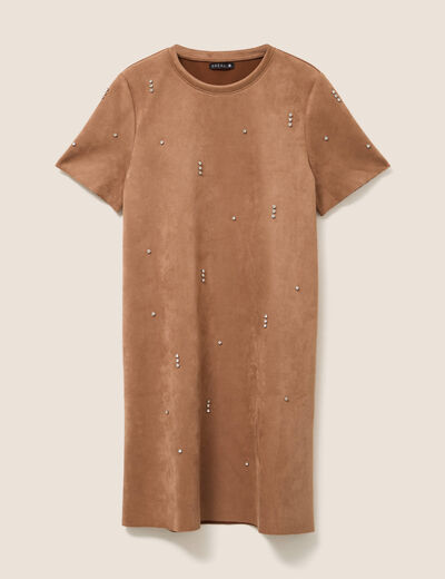 Robe droite courte avec strass marron clair femme