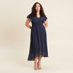 Robe longue évasée à volants bleu marine femme