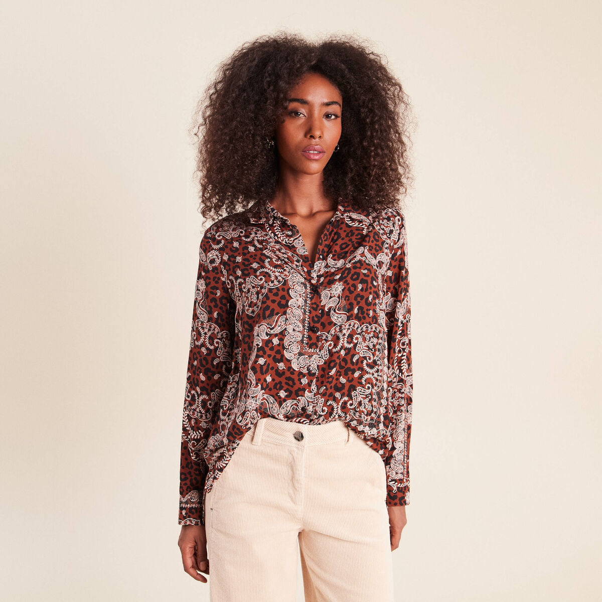 Chemise fluide manches longues marron femme
