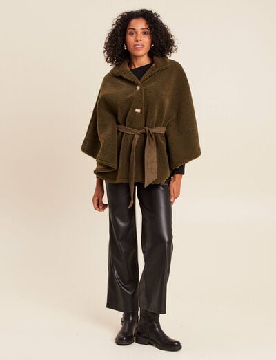 Poncho boutonn&eacute; ceintur&eacute; vert kaki femme