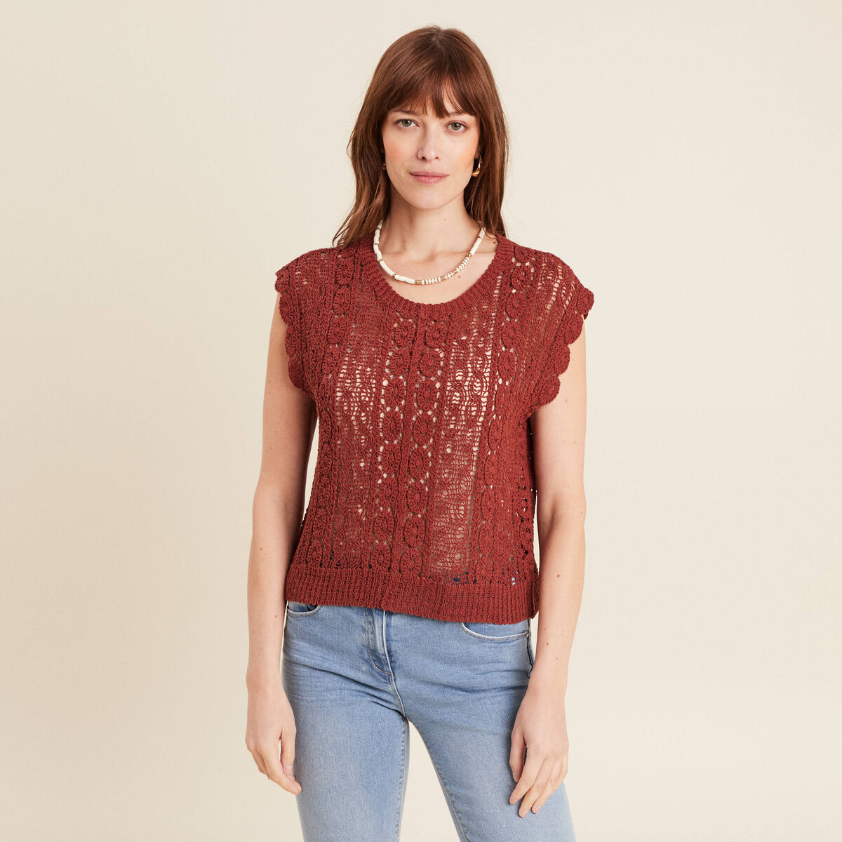 Débardeur macramé marron foncé femme