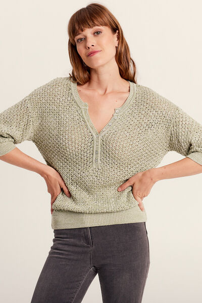 Pull manches 3/4 vert olive femme