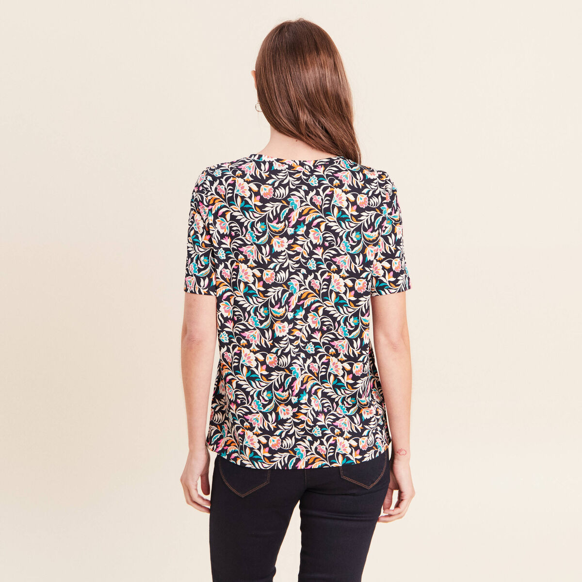 T-shirt col V manches courtes bleu femme