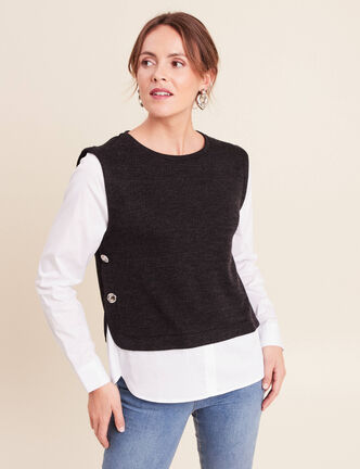 T-shirt 2 en 1 col rond manches longues noir femme