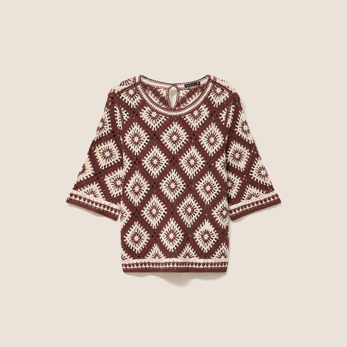 Pull en crochet col rond manches courtes marron femme