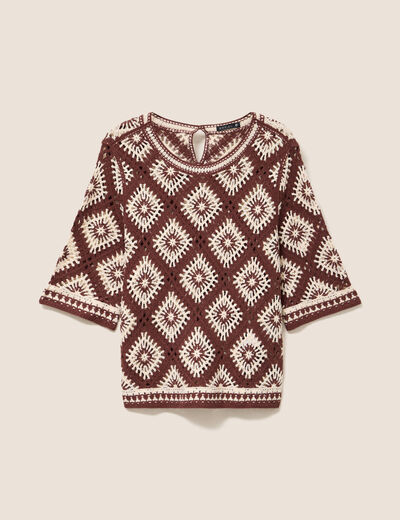 Pull en crochet col rond manches courtes marron femme