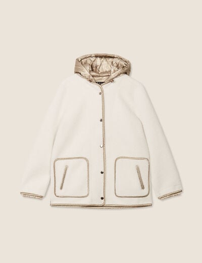 Manteau effet laine mouton &agrave; capuche ecru femme