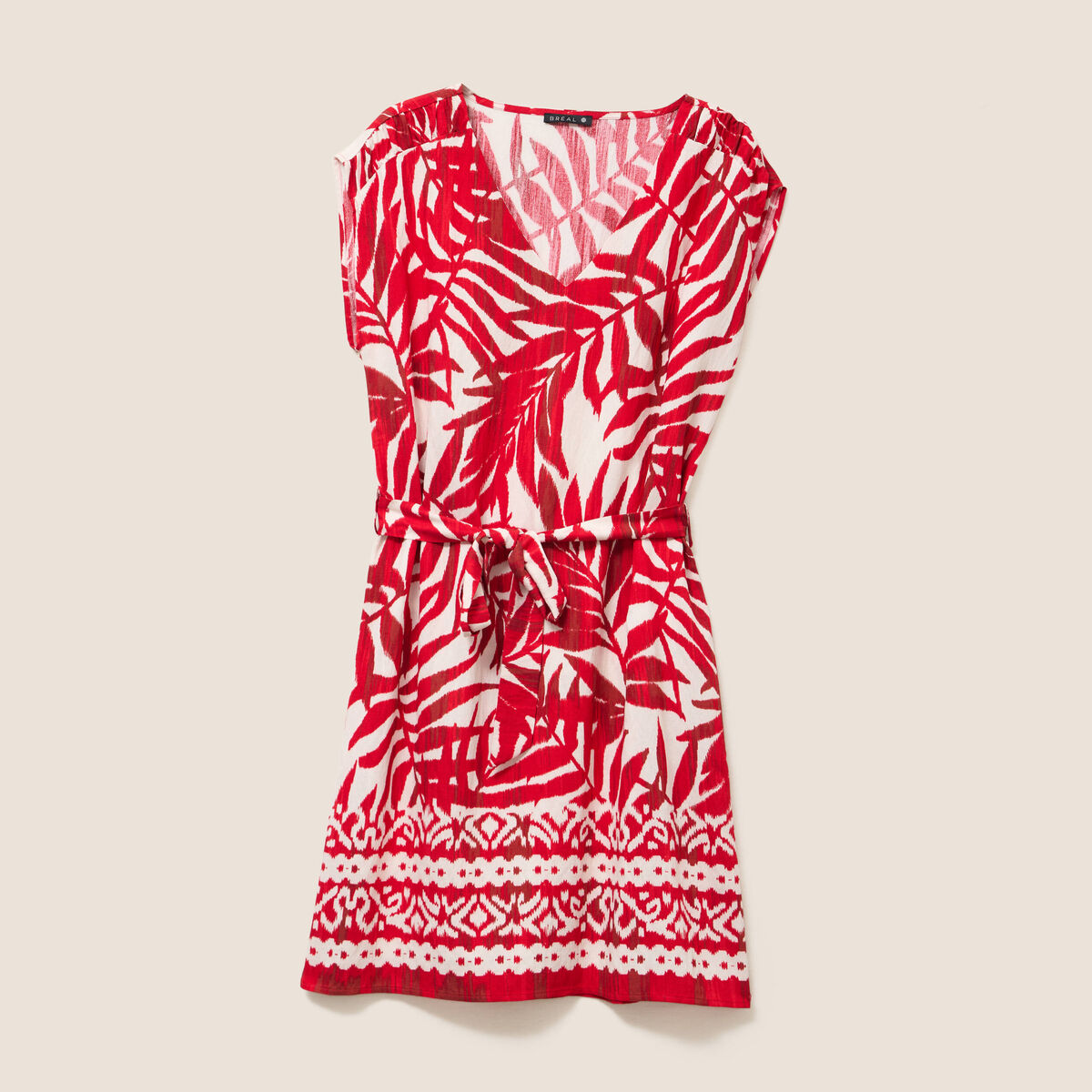 Robe droite courte col V manches courtes ecru femme