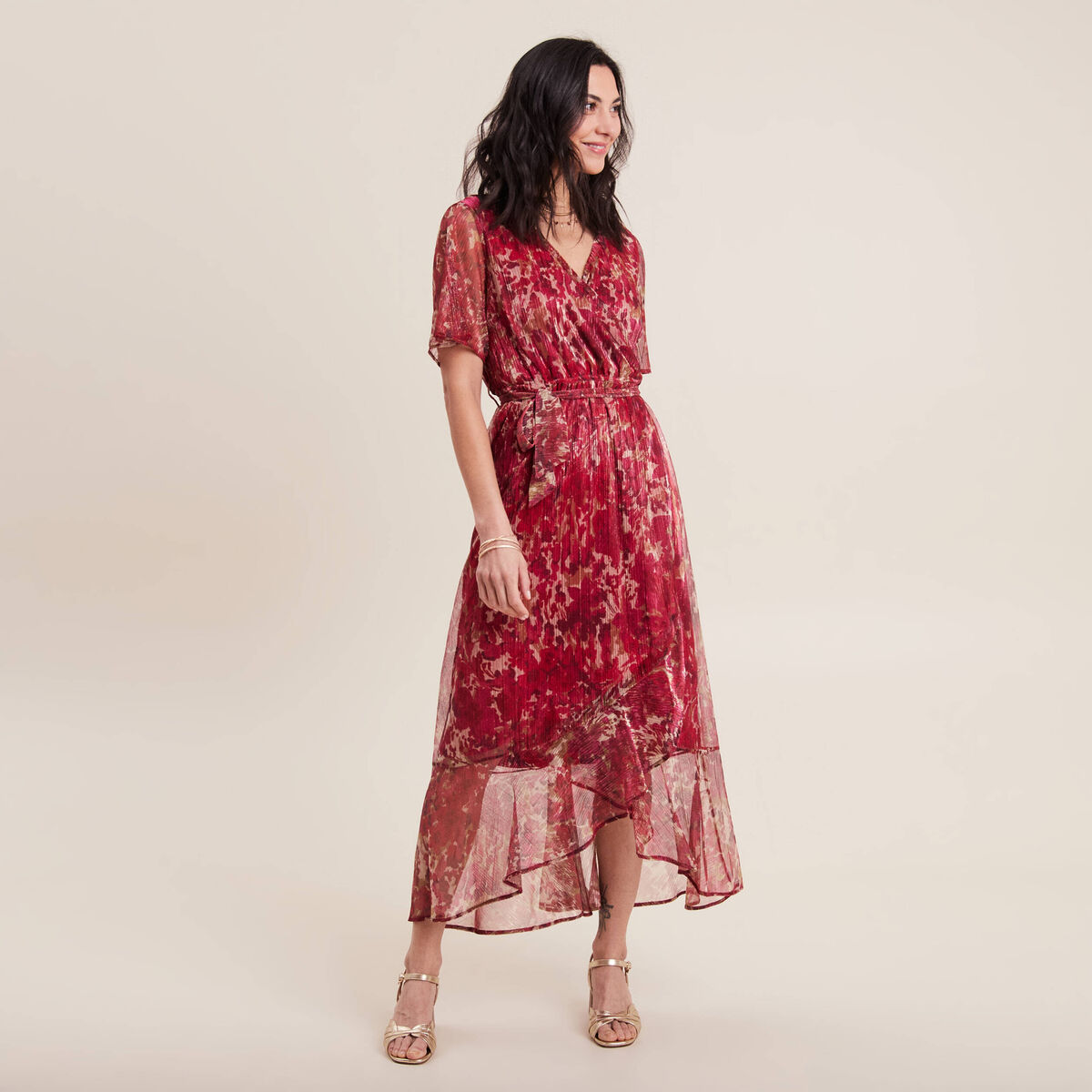 Robe longue portefeuille rose cerise femme