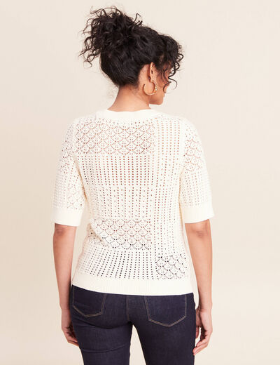 Pull ajour&eacute; col rond manches courtes ecru femme