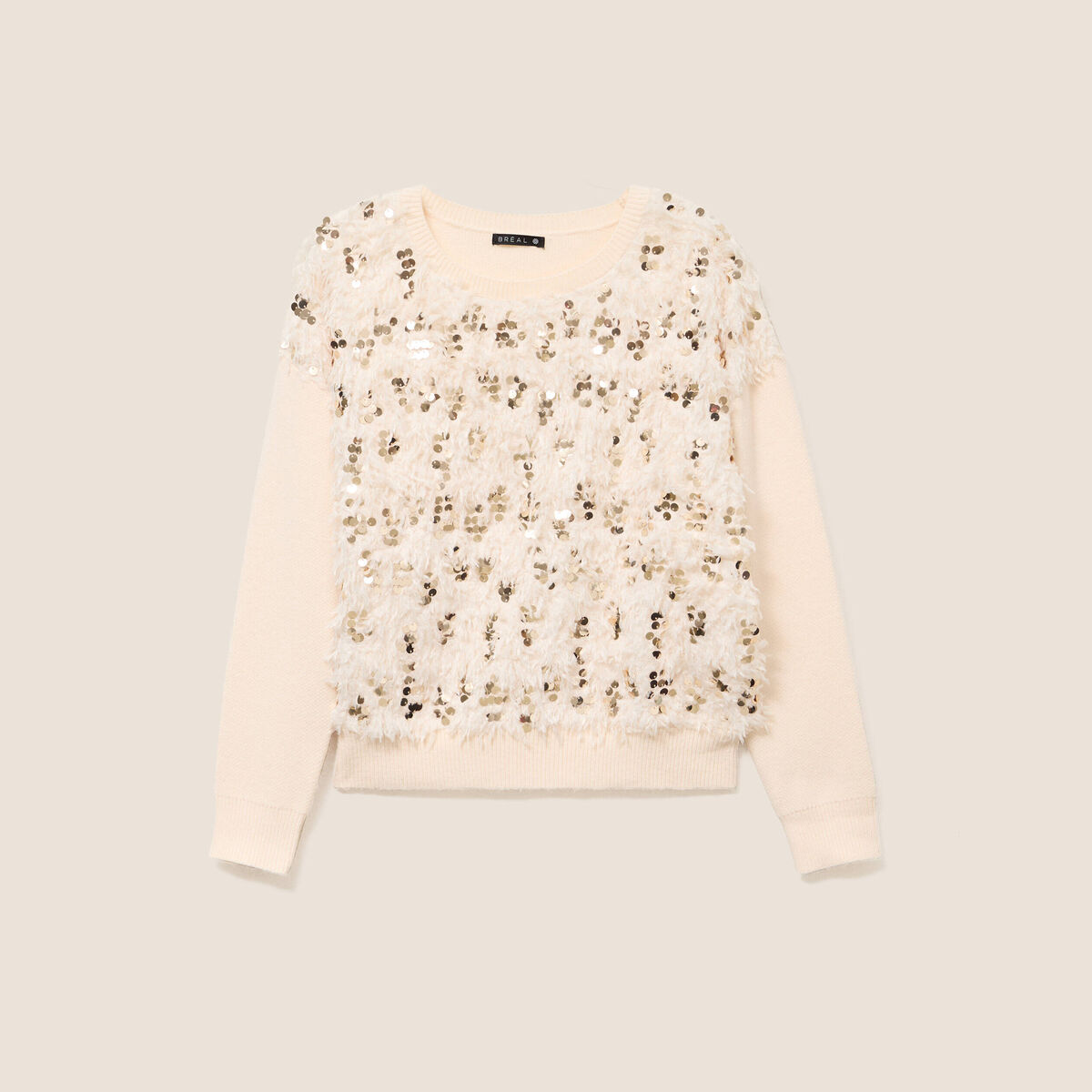 Pull col rond manches longues doubl&eacute; ecru femme