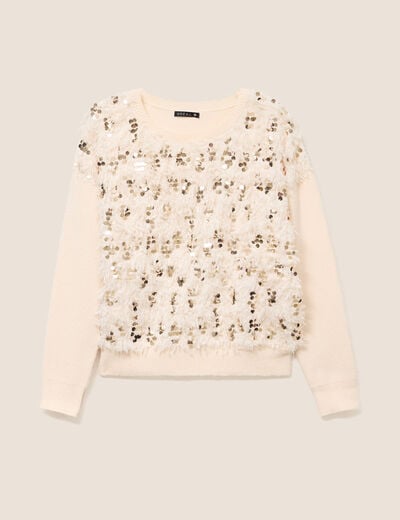 Pull col rond manches longues doubl&eacute; ecru femme