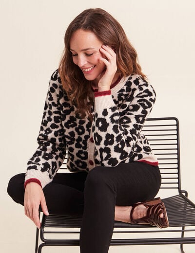 Gilet jacquard col rond manches longues marron femme