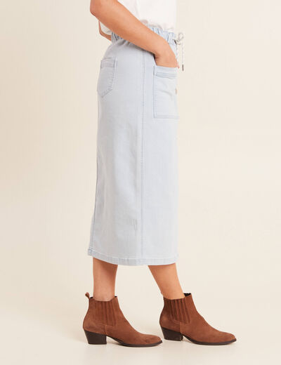 Jupe longue droite en jean denim bleach femme