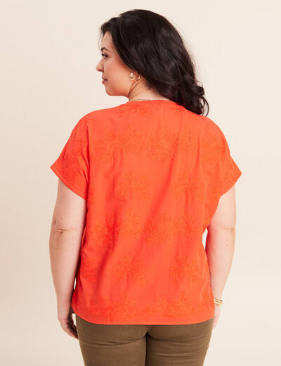T-shirt col rond manches courtes poches orange fonc&eacute; femme