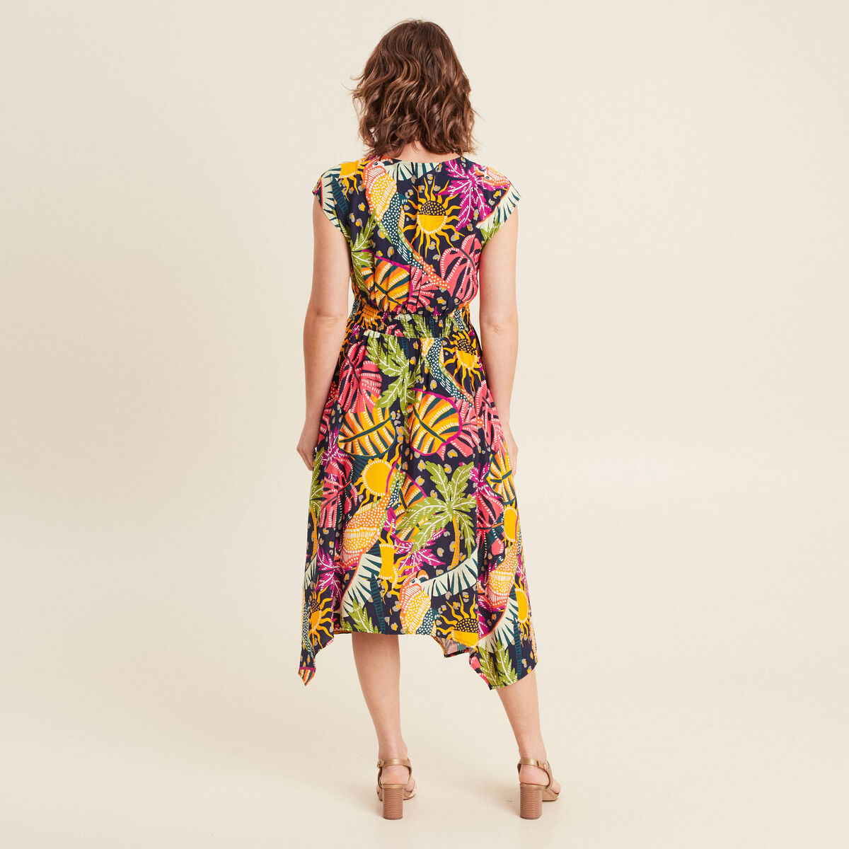 Robe longue évasée sans manches multicolore femme