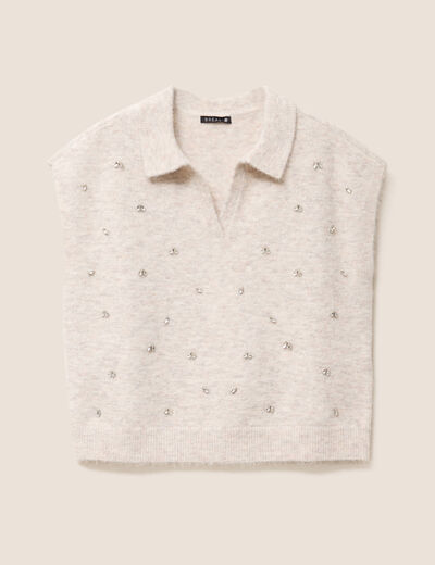 Pull sans manches col chemise beige femme