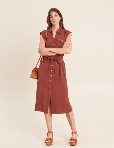 Robe droite col chemise manches courtes marron femme