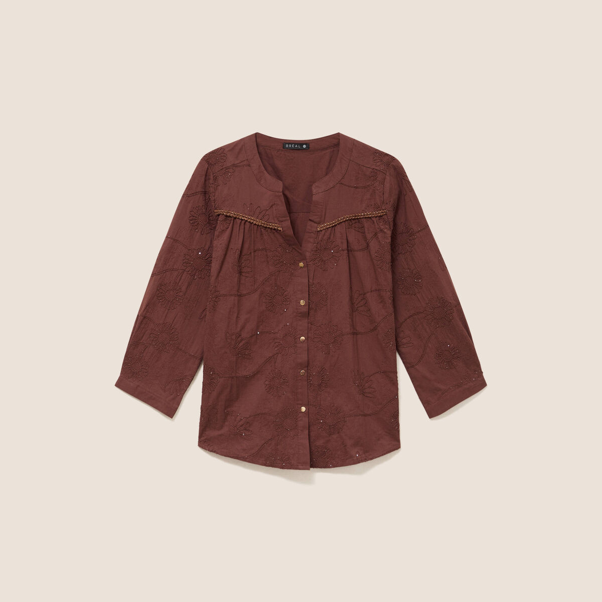 Blouse col tunisien manches 3/4 taupe femme