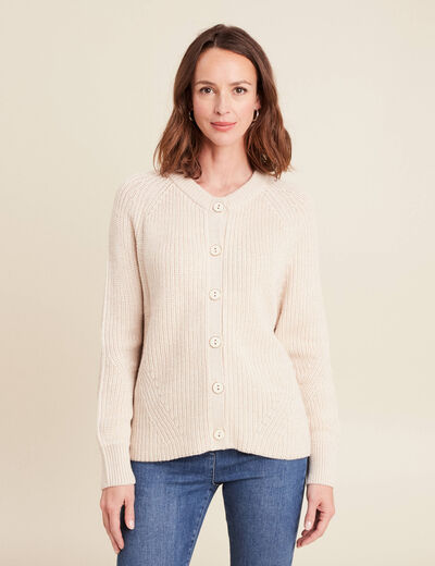 Gilet droit mi-long col rond creme femme