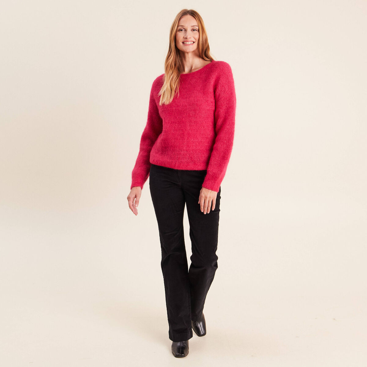 Pull droit col rond manches longues rose femme