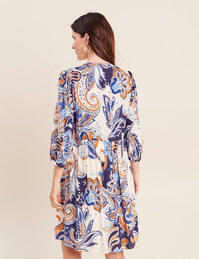 Robe courte &eacute;vas&eacute;e col v manches 3/4 bleu femme