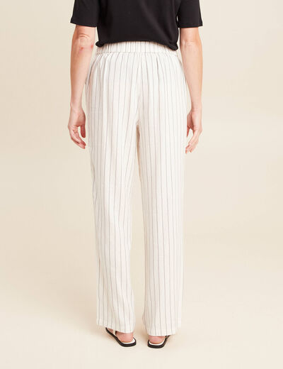 Pantalon taille haute aspect lin blanc femme
