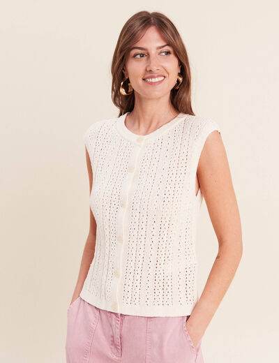 Gilet ajour&eacute; droit court col rond ecru femme