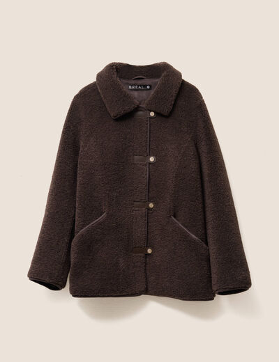 Manteau droit effet mouton marron fonc&eacute; femme