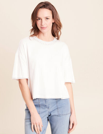 T-shirt coupe droite manches coudes ecru femme
