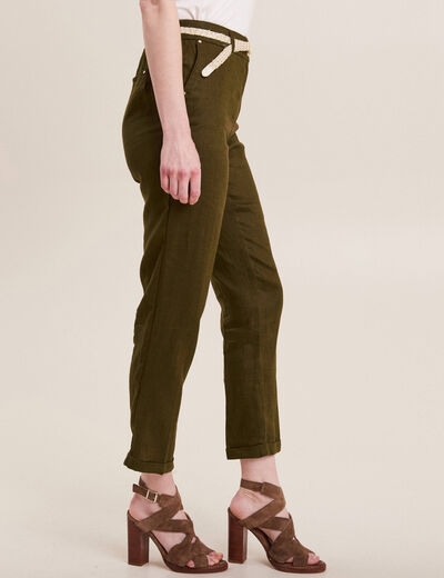 Pantalon flou ceinturé vert olive femme