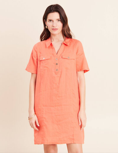 Robe droite courte col chemise orange fluo femme