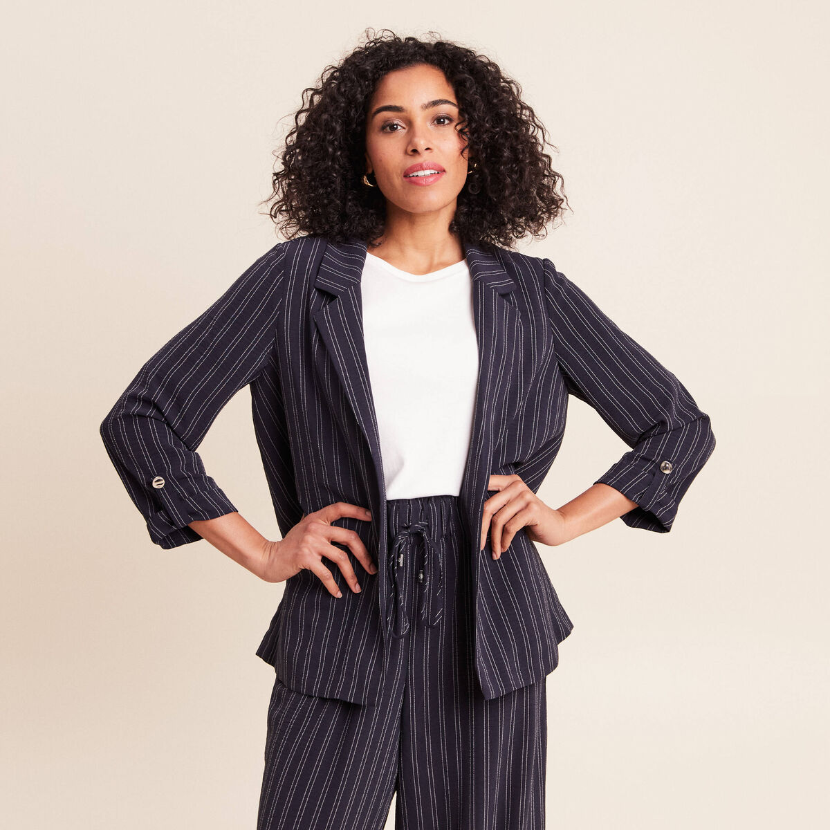 Veste longue droite col tailleur bleu femme