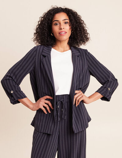 Veste longue droite col tailleur bleu femme